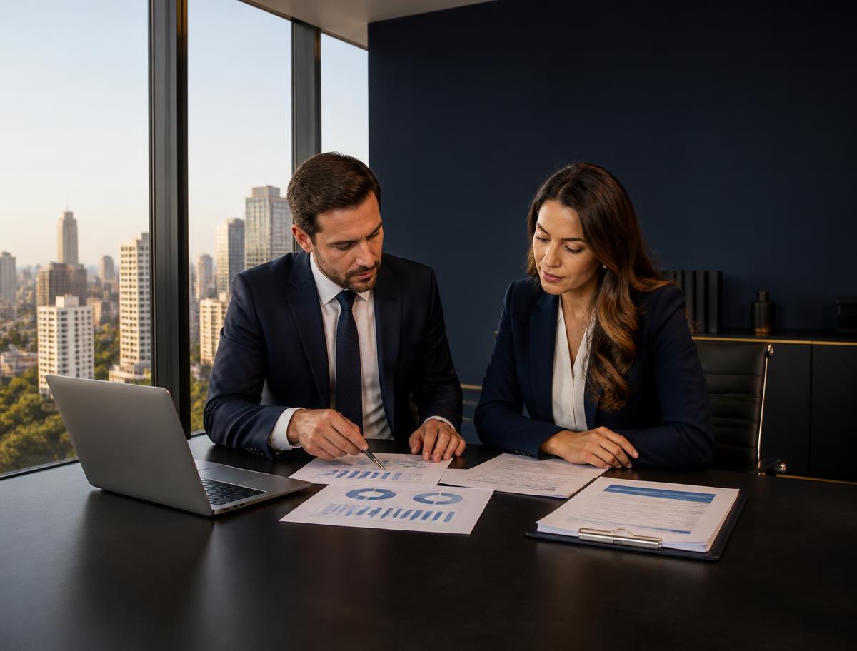 Contadores da L F analisando relatórios financeiros com um cliente