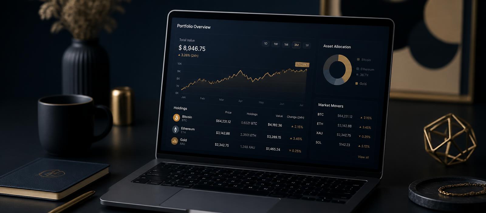 Painel de indicadores financeiros em um notebook